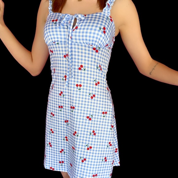 NEW Cherry dress blue gingham cherry print dress summer dresses cute d - Picture 2 of 3